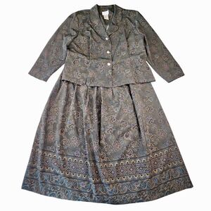 Vintage Koret Dress 2 Piece Set Floral Paisley Skirt Suit Olive Green Size 18